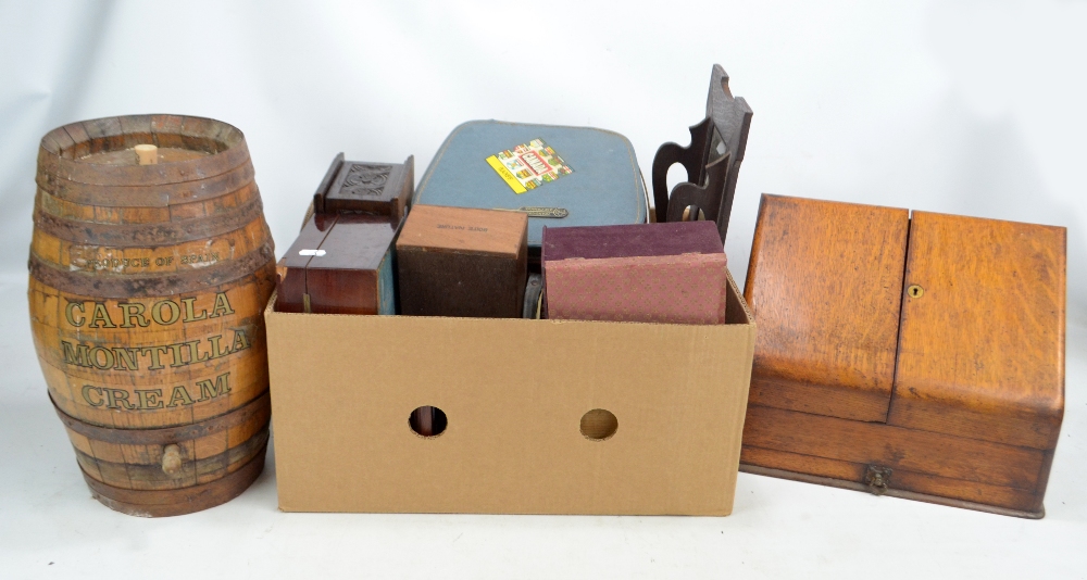 An oak desk tidy, width 37.5cm, a quantity of boxes, a barrel, a hall mirror, etc.