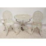 A painted alloy five piece garden suite comprising a circular tripod table, diameter 69cm,