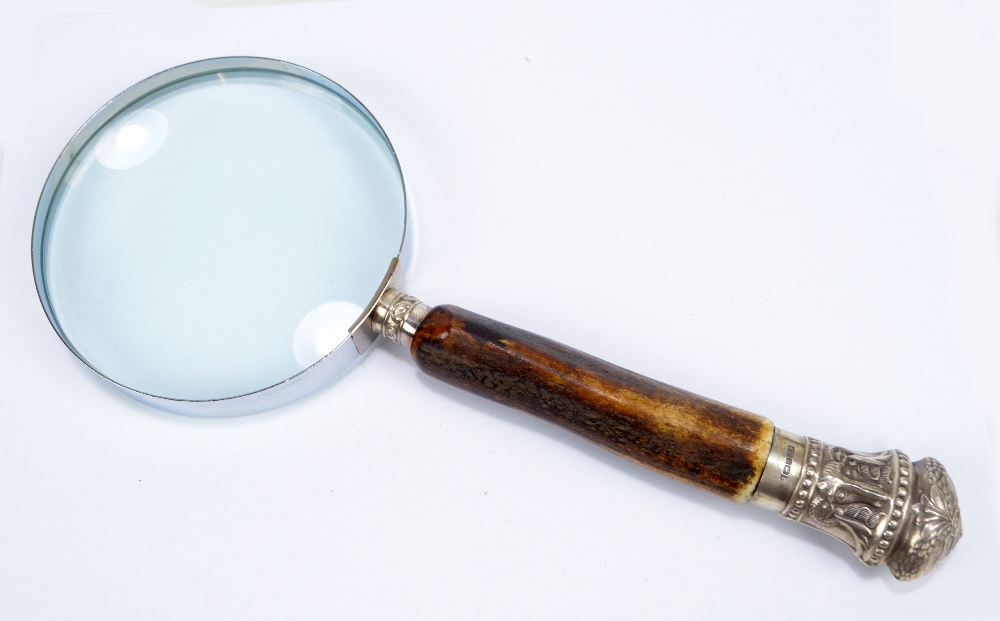 A hallmarked silver mounted and antler handled magnifying glass, Sheffield 1997, length 28.5cm.