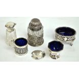 A mixed lot of variously hallmarked silver items including a George V open salt decorated with