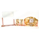 A French Art Deco marble three piece clock garniture, clock width 25cm, height 17.