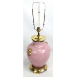 A Chinese inspired pink glazed and gilt heightened table lamp with brass base,