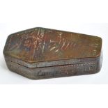 A metal coffin shaped snuff box, the top inscribed 'The Man of Kent' below figural tavern scene,