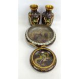 A pair of 20th century Chinese cloisonné dragon decorated vases, height 16.5cm, and two bowls (4).