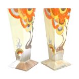 CLARICE CLIFF; a pair of Bizarre 'Rhodanthe' pattern square sectioned tapering vases,
