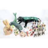 A group of decorative ceramics including a large Sylvac model of a green striped tiger,