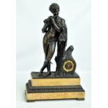 A French figural bronze and marble mantel clock modelled as Marsyas playing the flute,