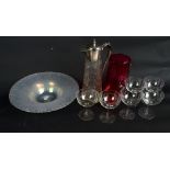 A Midsummer glass opalescent bowl, six clear glass champagne bowls,