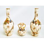 FRANZ ANTON MEHLEN FOR ROYAL BONN; a pair of bird painted bottle neck vases, height 31.