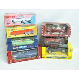 Seven boxed model American cars comprising Revell Ford Mustang and '56 Thunderbird,