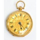 An 18ct yellow gold key wind fob watch with floral and foliate decoration to the case and gilt dial