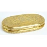 A 19th century Austrian silver gilt snuff box of oval form with engraved detail to the hinged lid,