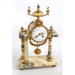 A late 19th century French marble portico mantel clock with gilt metal mounts and urn shaped finial,