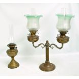 Two oil lamps, one with twin chimneys and shades (2).