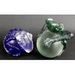 BLOWZONE; two glass paperweights modelled as a frog and an octopus,