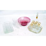A small group of glassware including a pink Monart circular flared bowl, diameter 22.