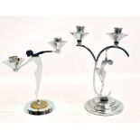 Two similar Art Deco twin branch chrome plated candles holders,