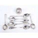 Seven George III and later hallmarked silver teaspoons including Exeter 1855 example by Josiah