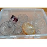 A quantity of clear cut glass including a pair of waisted vases, a purple tinted example,