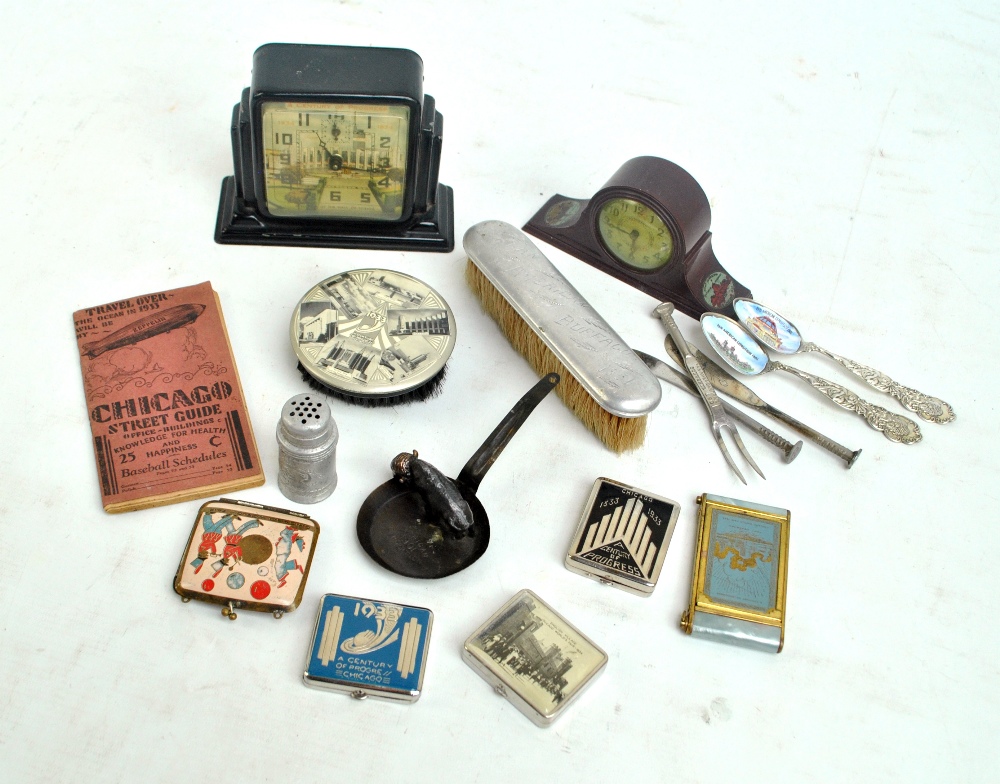 CHICAGO 1933; two mantel timepieces, a street guide, four compacts and a brush, also Buffalo 1901,