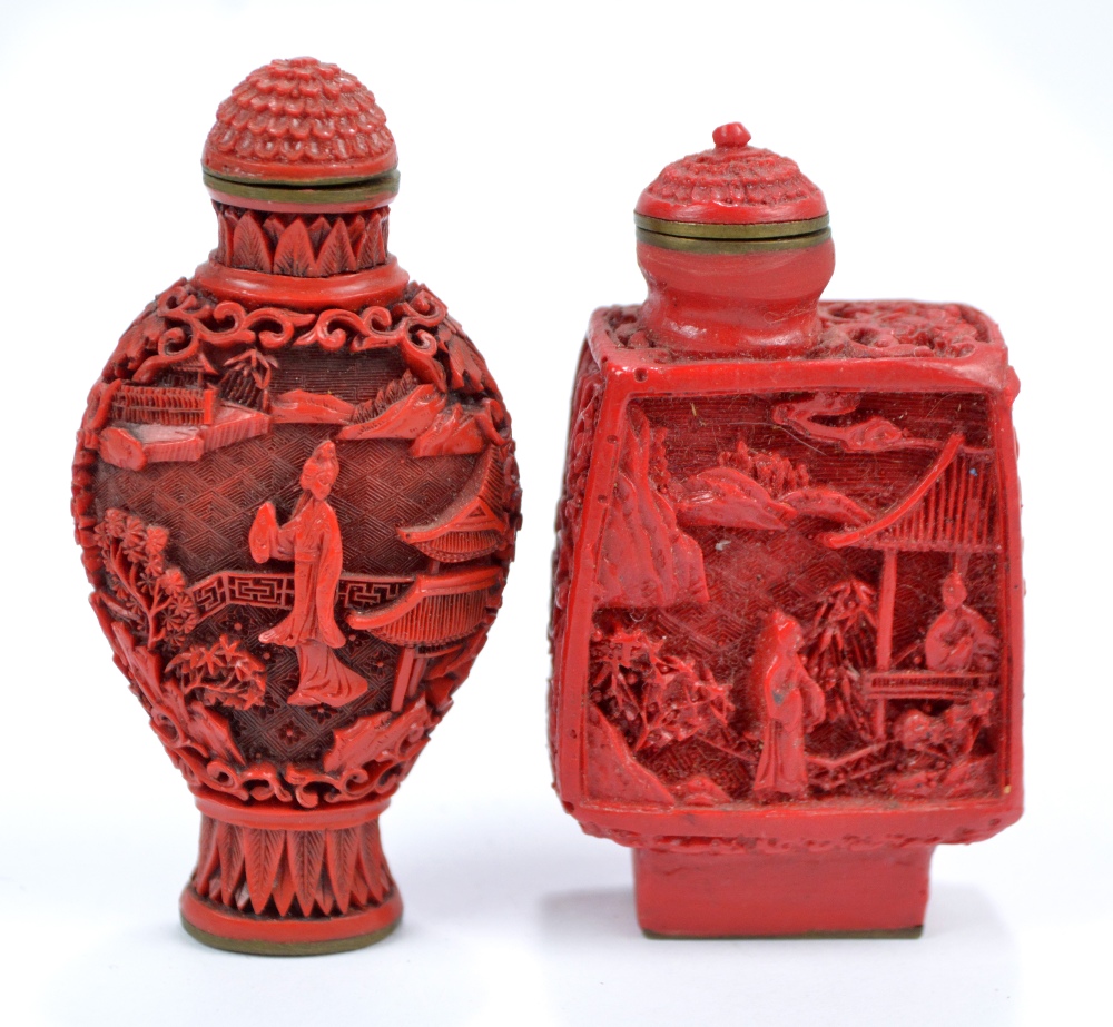 A Chinese cinnabar snuff bottle of flat ovoid form, - Image 2 of 3