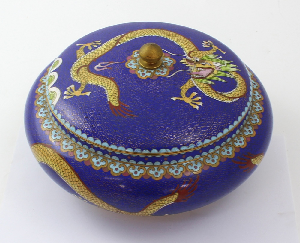 A mid-to-late 20th century Japanese cloisonné blue ground bowl and cover,