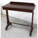 An Edwardian mahogany side/hall table, slab-end supports to cross stretchers, on castors,