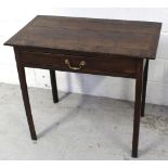 An 18th century oak side table with bread board and top surmounting single frieze drawer,