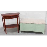 A reproduction mahogany side table and a painted rattan Ottoman (2).