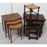 An Ercol-style nest of tables, a nest of oak tables and a rattan stool (3).