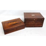 A Victorian rosewood sewing box containing a pull-out tray with numerous compartments above secret