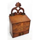 A late Victorian mahogany floral inlaid salt box with hinged compartment above single drawer,