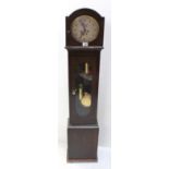 A mid-20th century oak-cased long case clock of small dimensions striking on a coiled rod.