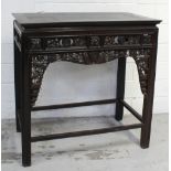 A Chinese carved hardwood altar table with rectangular top, width 111cm, height 112cm.