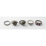 A group of five silver dress rings set with stones to include cabochon moss agate style stone,