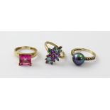 Two 9ct gold dress rings; one set with large black pearl,