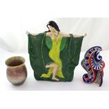 A Crown Devon Art Deco style ceramic figure of a dancing lady, height 38cm, an abstract red,