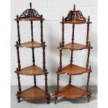 Two Victorian walnut four-tier whatnots, one with inlaid decoration.