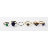 Three 9ct gold ladies' dress rings all florally set with central blue stone and white stone