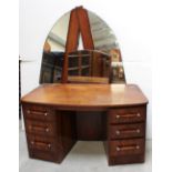 A retro Art Deco style triple mirror back kneehole dressing table with three drawers to either side,