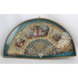 A circa 1775 French silk hand painted fan depicting three figural panels within gilt sequin borders