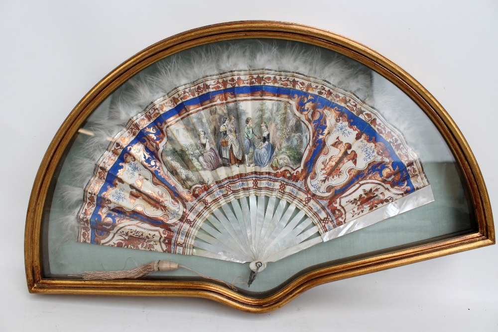 An early 19th century paper fan hand painted in watercolour, gouache and pencil,