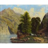 A 19th century oil on canvas, mountainous lake scene with boats, figures and cattle, unsigned, 40.