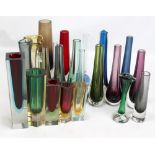 A group of glass bud vases, including Whitefriars examples, Continental examples, etc,