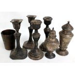 A small group of variously hallmarked silver items to include two pairs of candlesticks, one by C&S,