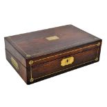 A rosewood writing slope with inlaid brass detail and campaign style handles,