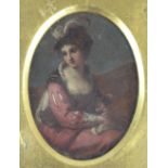 18TH CENTURY ENGLISH SCHOOL; oval portrait miniature of a woman in red dress and white feather hat,