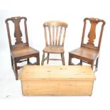 A pair of oak dining chairs, a kitchen chair and a pine box (4).