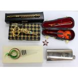 A small group of various items to include a Soviet Union chromed hip flask with stopper set with