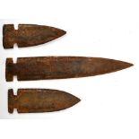 Three Native American metal point arrowheads made from barrel hoops circa 1750-1850AD,